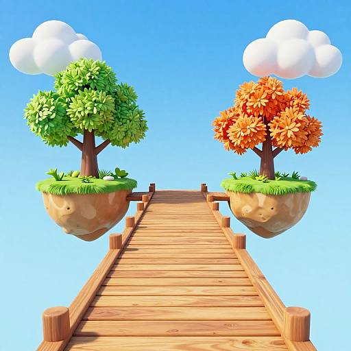 Digital artwork of a wooden plank bridge leading to two floating, cloud-like trees—one green, one orange—against a bright blue sky.