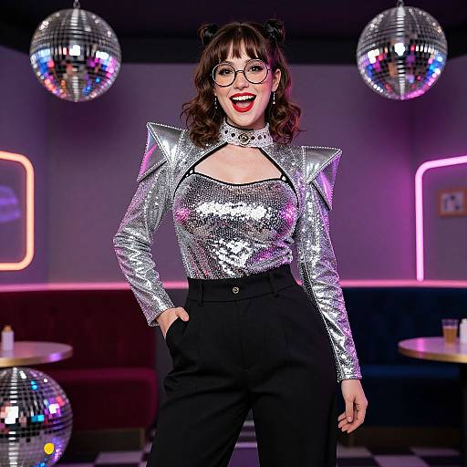 Photograph of a smiling woman with curly brown hair, wearing large glasses, a shiny silver sequin top, black pants, and cat ear headband