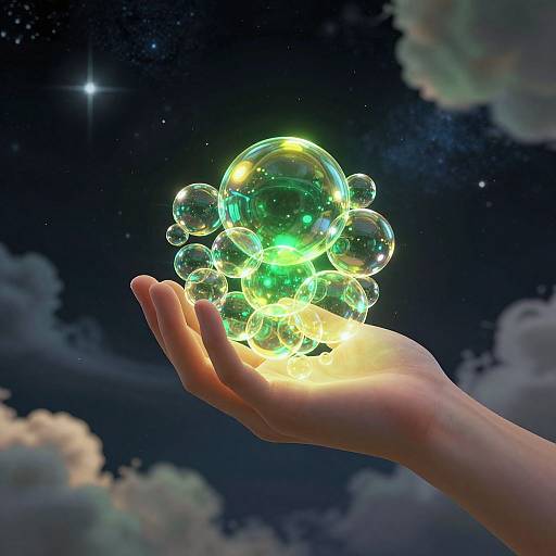 Photorealistic CGI: Hand holding glowing, transparent green and yellow bubbles against a starry night sky with clouds.