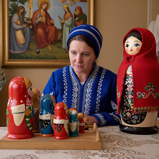Photograph of a woman in blue embroidered dress and headscarf, surrounded by colorful wooden nativity figurines, including a red-robed Mary,