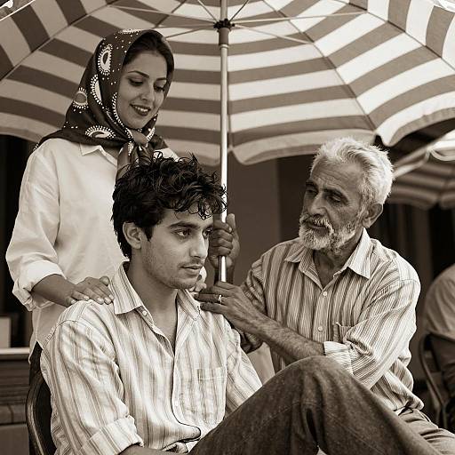 Sepia-Toned Trio Under Striped Umbrella