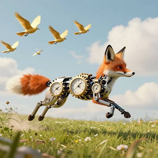Photograph of a cyber-fox with gears and clocks on its body, running in a grassy field with yellow birds flying overhead.