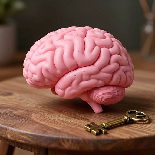 Photorealistic CGI of a pink, detailed brain model on a wooden table with an antique brass key in the foreground.