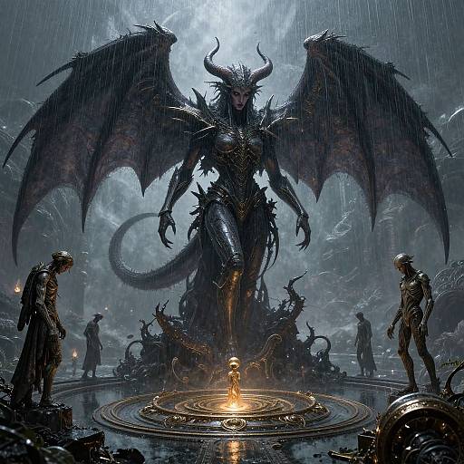 Digital artwork: Dominant black dragon-woman with horns, large wings, and armor stands over a glowing circular pool, surrounded by hooded figures in
