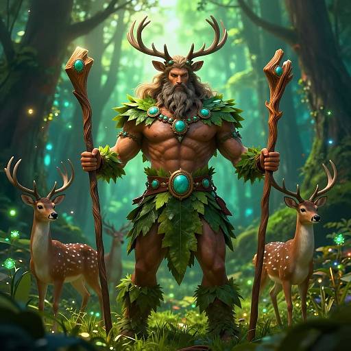 Muscular, bearded, horned forest deity in leafy armor, holding staffs, standing between two deer in a magical, glowing forest.