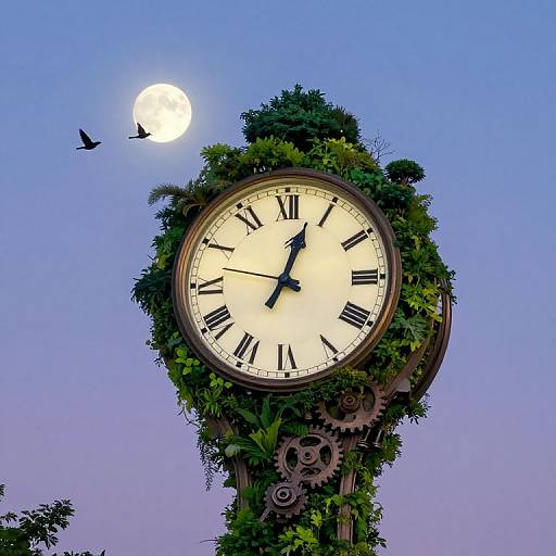 Photograph of a clock tower covered in green foliage, with Roman numerals, black hands, full moon, and two birds in a blue-purple sky