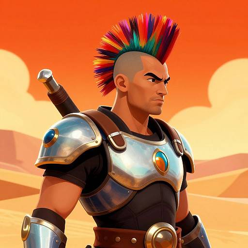 CGI digital art of a muscular, bald man with a multicolored mohawk, wearing shiny silver armor with blue gems, against a vibrant orange