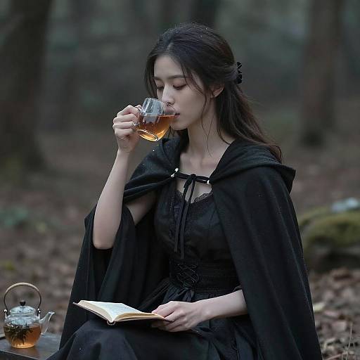 Photograph of an Asian woman with long dark hair, wearing a black dress and cloak, sipping tea while reading in a forest.
