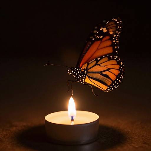 Photograph of a vibrant orange and black monarch butterfly perched on a glowing candle, casting a warm light in a dark background.