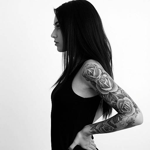 Black-and-white photograph of a woman in profile, long black hair, black tank top, detailed rose tattoo sleeve, white background.