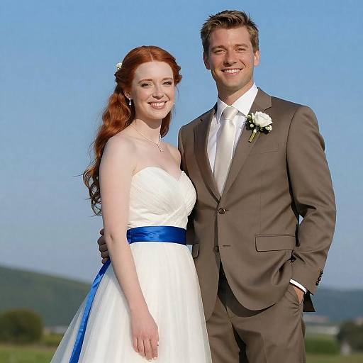 Joyful Wedding Portrait Under Blue Sky