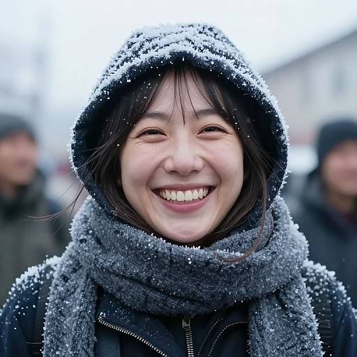 Photograph of a smiling Asian woman with snow-covered black hood and gray scarf in a snowy urban setting, blurred background.