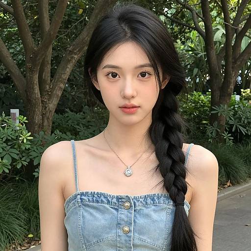 Photograph of an Asian woman with long black braid, wearing a light blue denim dress, standing in a lush, tree-filled park.