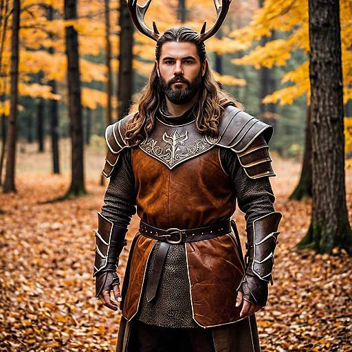 Medieval Warrior with Antlers in Autumn Forest