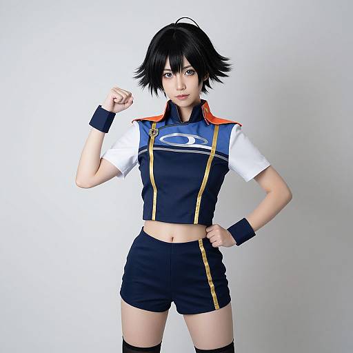 CGI image of an anime-style girl with black hair, wearing a white and blue crop top, black shorts, and wristbands, striking a confident