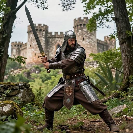 Medieval knight in silver armor, holding sword, crouched in forest with ancient castle in background. Photorealistic digital art.