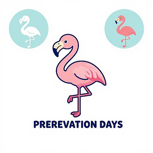 Digital illustration of a pink flamingo with a yellow beak, standing on one leg, surrounded by two circular background images of white and pink flamingos