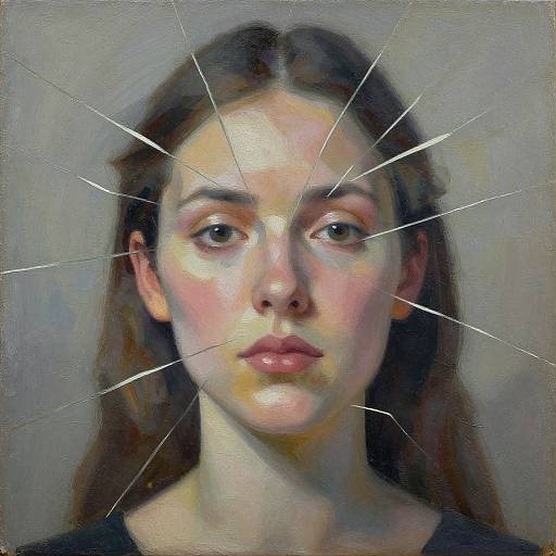 Digital painting of a young woman with light skin, brown eyes, and long brown hair, featuring a cracked glass effect across her face. Realistic style