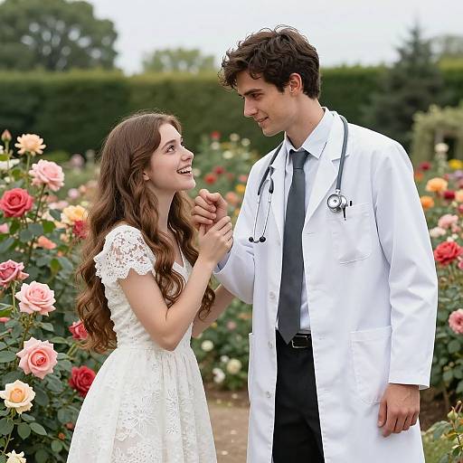 Photograph of a smiling young woman with long brown hair in a white lace dress, holding hands with a dark-haired man in a white lab coat,