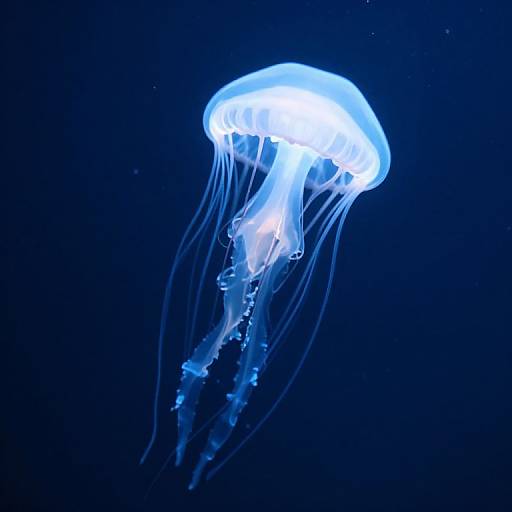 Photograph of a glowing, translucent blue jellyfish with long, flowing tentacles against a deep blue underwater background.