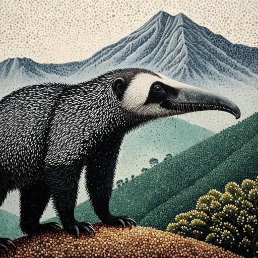 Pointillism Anteater with Misty Mountains