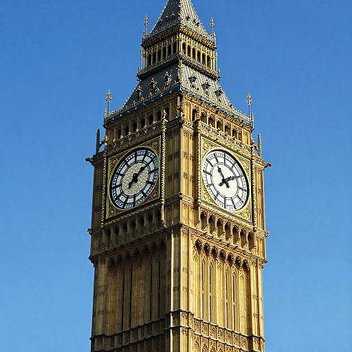 Photograph of the iconic Big Ben clock tower against a clear blue sky, showcasing its ornate Gothic architecture and detailed clock faces.