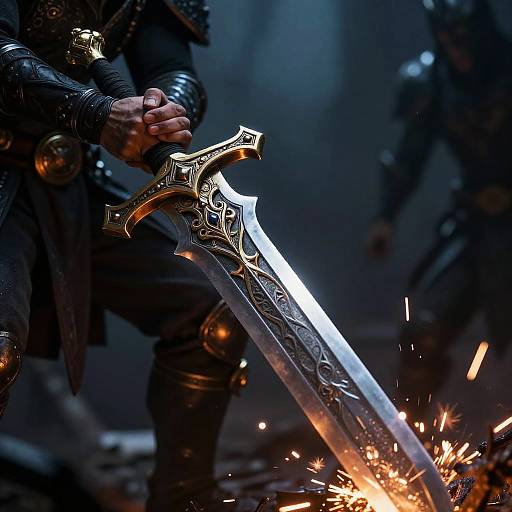 Photograph of a medieval warrior gripping an ornate, silver sword with intricate designs, sparking as it's thrust into a dark, foggy battlefield.