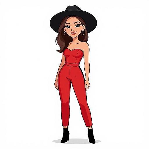 Cartoon-style digital illustration of a smiling woman with long brown hair, wearing a black wide-brimmed hat, red strapless jumpsuit, and