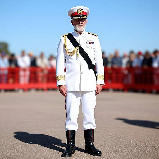 Photograph of elderly white naval officer with white uniform, black crossbelt, gold epaulets, and red cap, standing in front of red