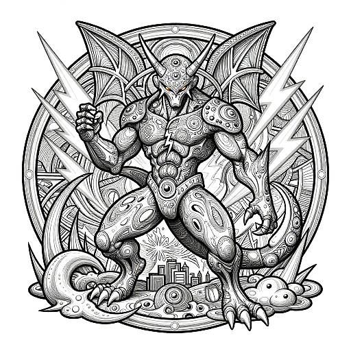 Black-and-white digital drawing of a muscular, anthropomorphic dragon with spikes, surrounded by geometric patterns, lightning bolts, and cityscape elements.