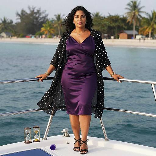 Photograph of a curvy, dark-skinned woman with curly black hair, wearing a purple satin dress and black polka-dot shawl, standing