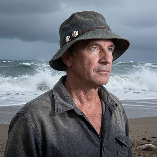 Photograph of a middle-aged man with blue eyes, wearing a dark green bucket hat and black shirt, standing on a sandy beach with crashing waves and