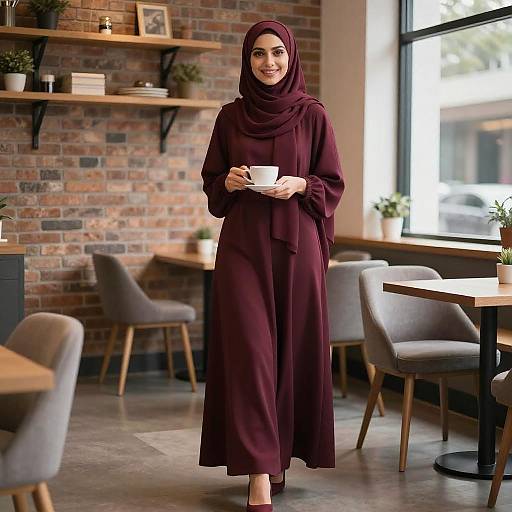 Smiling Woman in Maroon Hijab Café