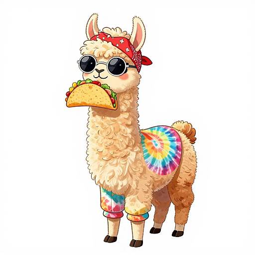 Cute digital illustration of a fluffy llama with a red bandana, round sunglasses, tie-dye body, and a taco in its mouth.