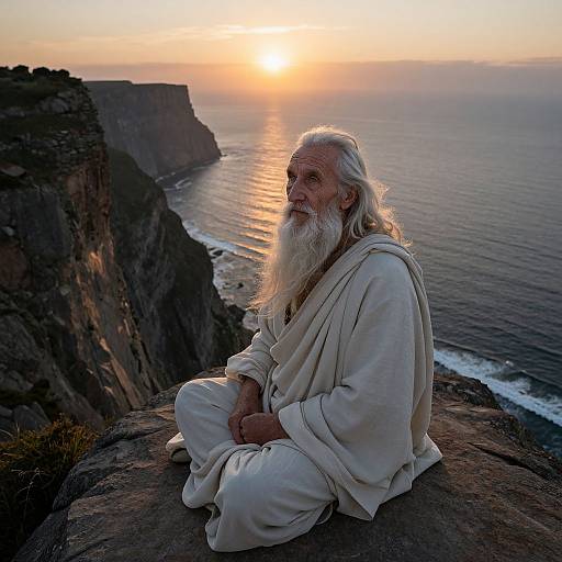 Photograph of an elderly, white-bearded man with long white hair, wearing a white robe, sitting on a cliff at sunset, overlooking a calm