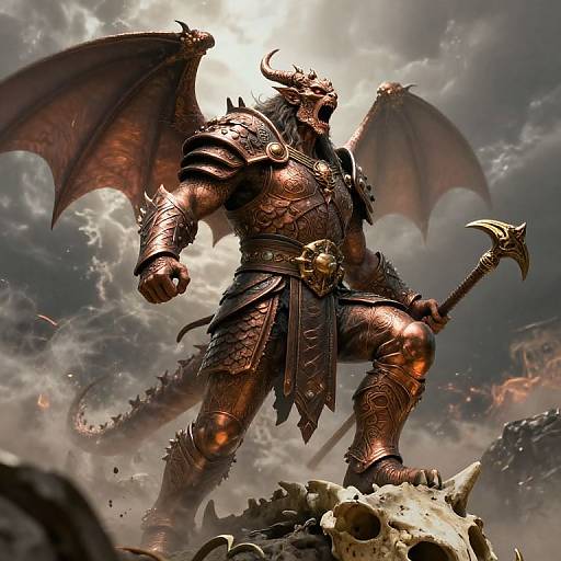 Digital artwork of a muscular, horned demon warrior with red armor, wings, and a spiked axe, standing on a skull in a stormy,