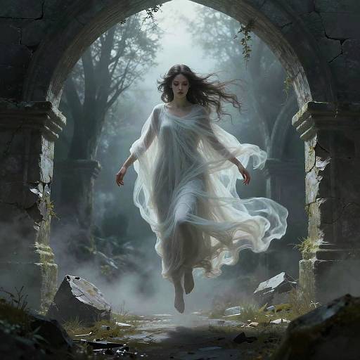 Digital artwork of a floating, ethereal woman in a flowing white gown, emerging from a ruined, overgrown stone archway, surrounded by mist and