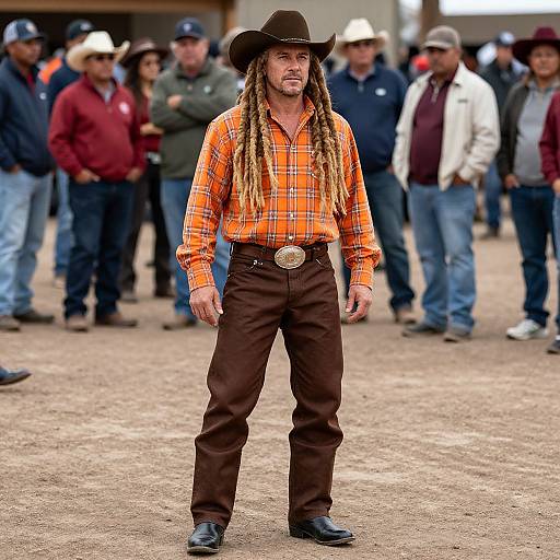 Photograph of a white man with long dreadlocks wearing a black cowboy hat, orange plaid shirt, brown pants, and black boots, standing in