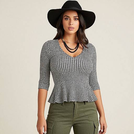 Photograph of a dark-skinned woman with long black hair, wearing a black hat, black-and-white checkered top, green pants, and black