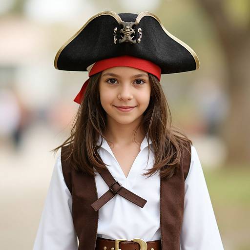 Photograph of a young girl with brown hair, wearing a black pirate hat with a skull emblem, red headband, white shirt, brown vest,