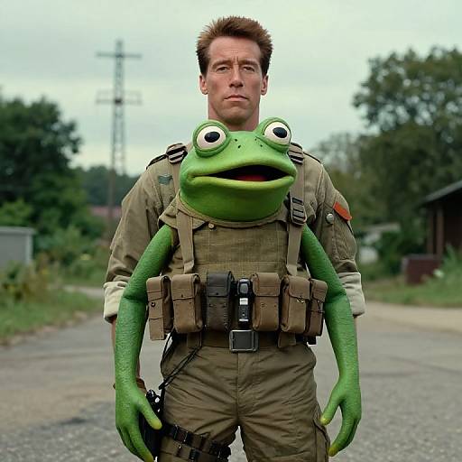 Man dressed as commando with Pepe the Frog puppet