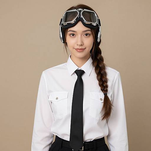 Photograph of a young Asian woman with long braided hair, wearing a white shirt, black tie, black skirt, and aviator goggles on her