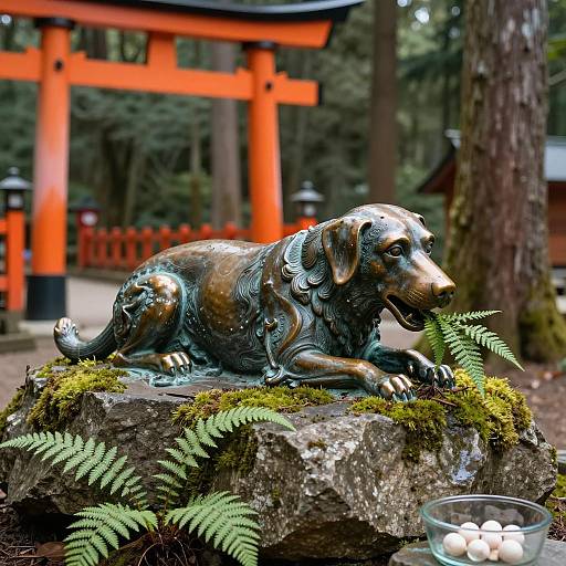 Bronze Dog Statue by Torii Gate in Forest