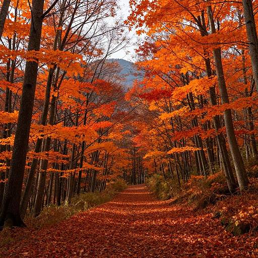 Photograph of a forest path blanketed in vibrant orange autumn leaves, with tall trees on either side and a misty mountain in the background.