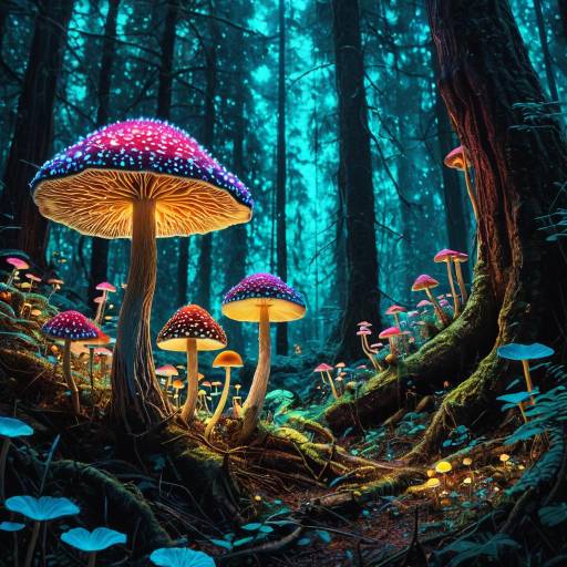 Glowing Psychedelic Mushrooms in Magical Forest