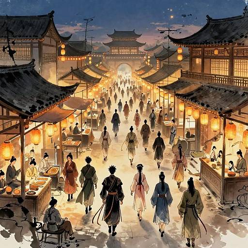 Digital anime-style illustration of a bustling night market with lantern-lit wooden buildings, silhouetted people, and vibrant, glowing streetlights.
