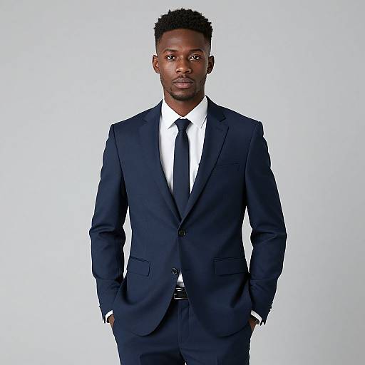 Photograph of a confident, dark-skinned man with short curly hair, wearing a navy suit, white shirt, and black tie, standing against a