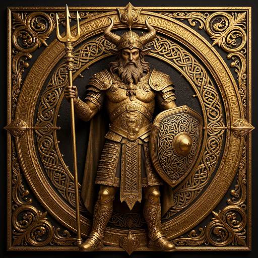 Golden, intricately detailed Viking warrior statue holding trident and shield, wearing ornate armor, standing in circular Celtic-inspired frame. Photorealistic CGI