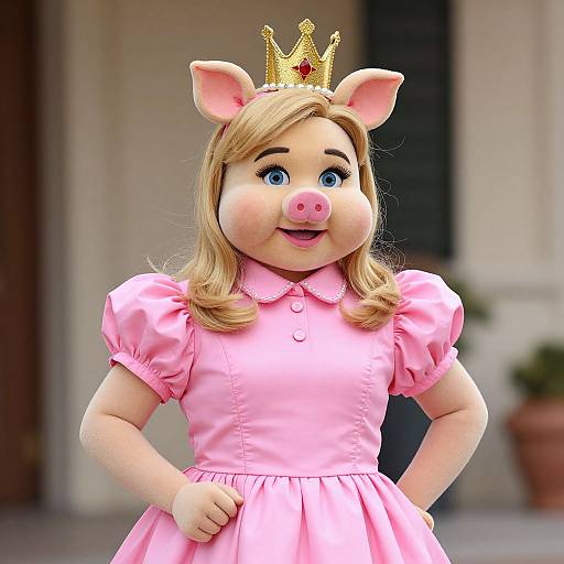 Photograph of a young girl in a pink dress and golden pig mask with crown, standing outdoors, smiling confidently.