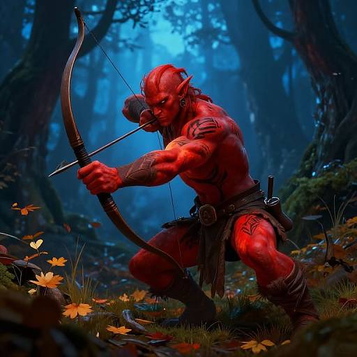 Digital fantasy artwork of a muscular, red-skinned elf archer with pointed ears, drawing a bow in a mystical, blue-lit forest.
